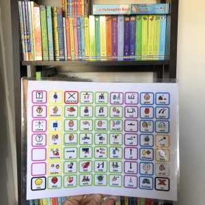 picture of core vocabulary communication board in front of a black bookshelf with multicolored books in background