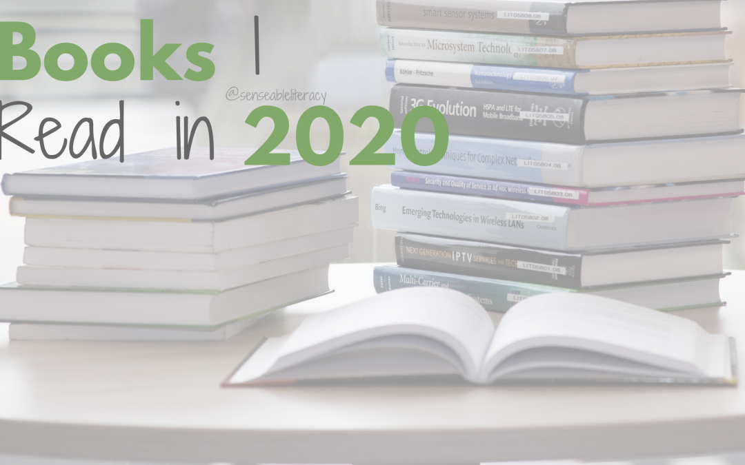 image stating: "Books I Read in 2020" with book stacks and an open book in the background