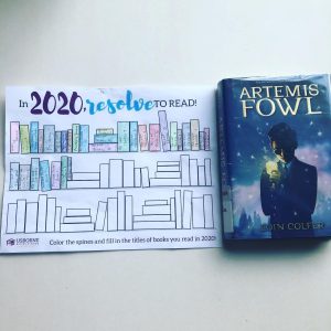 picture of the cover of "Artemis Fowl" and a book tracker stating "In 2020 Resolve to read" with spines colored in for each book read.