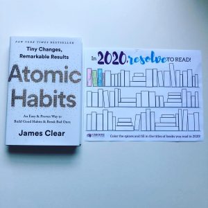 picture of the cover of "Atomic Habits" and a book tracker stating "In 2020 Resolve to read" with spines colored in for each book read.