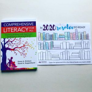 picture of the cover of "Comprehensive Literacy for All" and a book tracker stating "In 2020 Resolve to read" with spines colored in for each book read.