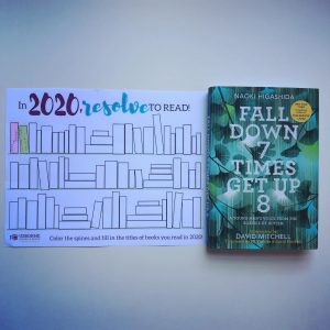 picture of the cover of "Fall Down 7 Times Get Up 8" and a book tracker stating "In 2020 Resolve to read" with spines colored in for each book read.