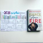 picture of the cover of "Fierce Free and Full of Fire" and a book tracker stating "In 2020 Resolve to read" with spines colored in for each book read. 
