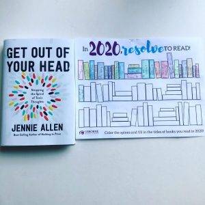 picture of the cover of "Get Out Of Your Own Head" and a book tracker stating "In 2020 Resolve to read" with spines colored in for each book read.