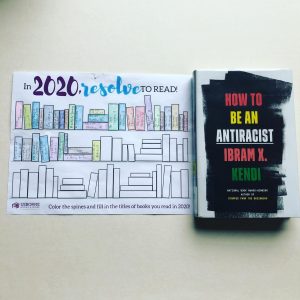 picture of the cover of "How To Be An Antiracist" and a book tracker stating "In 2020 Resolve to read" with spines colored in for each book read.