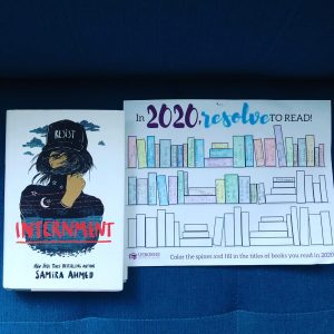picture of the cover of "Internment " and a book tracker stating "In 2020 Resolve to read" with spines colored in for each book read.