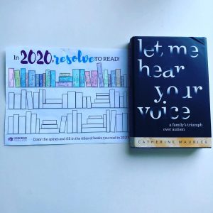 picture of the cover of "Let Me Hear Your Voice" and a book tracker stating "In 2020 Resolve to read" with spines colored in for each book read.