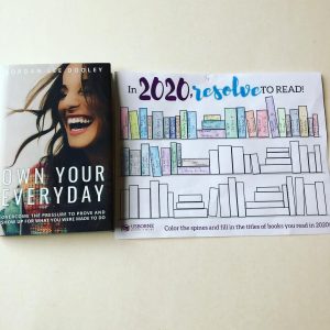 picture of the cover of "Own Your Everyday" and a book tracker stating "In 2020 Resolve to read" with spines colored in for each book read.