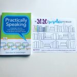 picture of the cover of "Practically Speaking" and a book tracker stating "In 2020 Resolve to read" with spines colored in for each book read. 