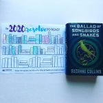 picture of the cover of "The Ballad of Songbirds and Snakes" and a book tracker stating "In 2020 Resolve to read" with spines colored in for each book read. 