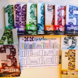 picture of the cover of Book 11 through Book 1 of "The Last Thirteen" series and a book tracker stating "In 2020 Resolve to read" with spines colored in for each book read.