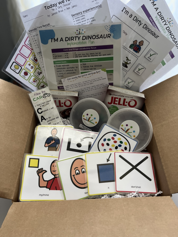 image showcasing the items available within the full sensory based literacy kit based off of the book "I'm a Dirty Dinosaur". Includes multiple printables, materials laminated and prepped for use, sensory elements and manipulatives.