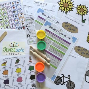 image of multiple printable materials that are part of the dough play sensory based literacy kit