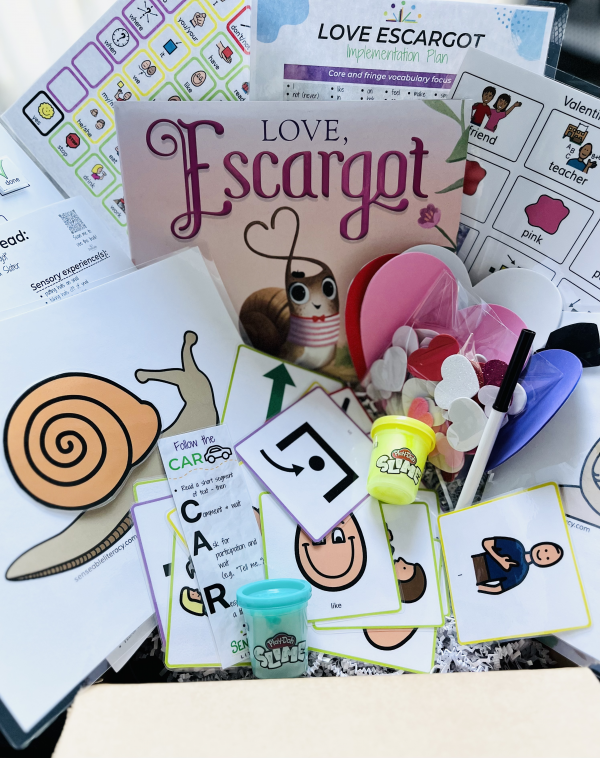 picture of the sensory based literacy kit featuring "Love, Escargot" and associated AAC and literacy materials.