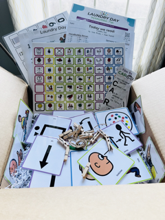 image of a box filled with the materials included within the Laundry Day Sensory Based Literacy Kit