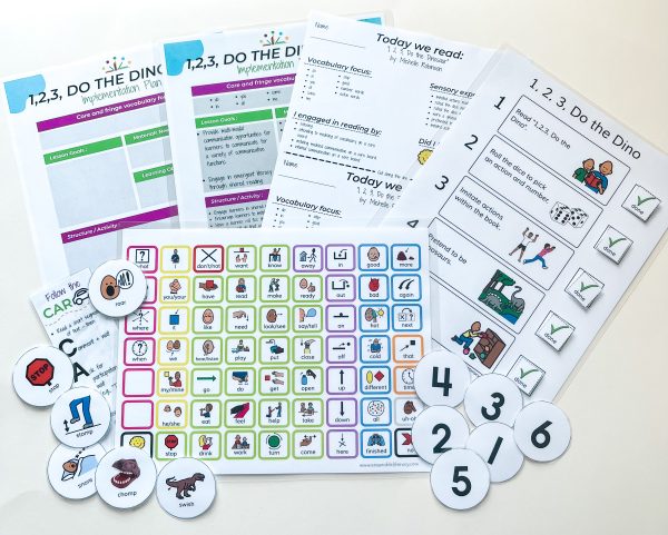 image of paper products available within the digital downloads for the sensory based literacy kit featuring the book "1,2,3, Do the Dino".