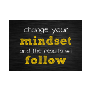 visual with black background and white and yellow type  with the quote "change your mindset and the results will follow"