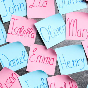image of blue and pink post it notes with names on them